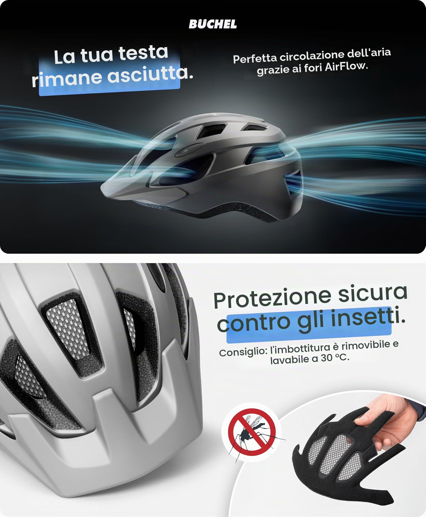 BÜCHEL Casco da bicicletta con tecnologia In-Mould e Cam Lock, casco per bambini, donne e uomini, con sottogola e rete anti-mosca lavabile, casco da bicicletta da 51-56 cm e 57-60 cm, nero, bianco