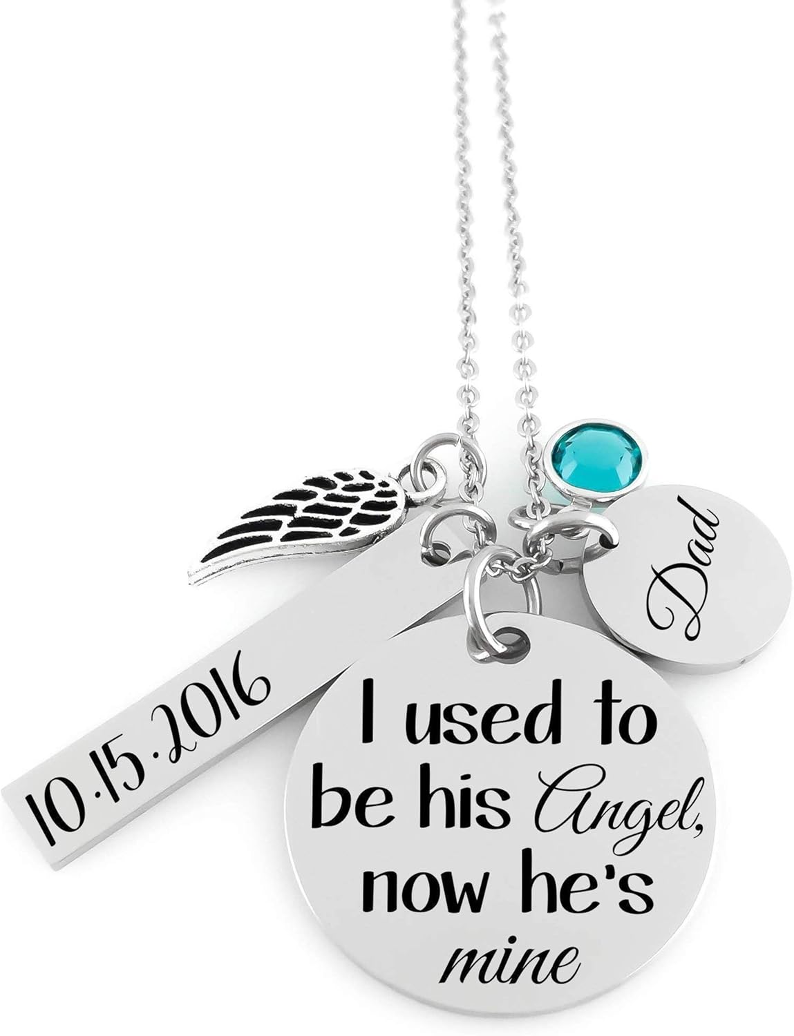 Dad Memorial Jewelry Necklace - I used to be his angel, now he's mine - Birthstone Crystal - Angel Wing