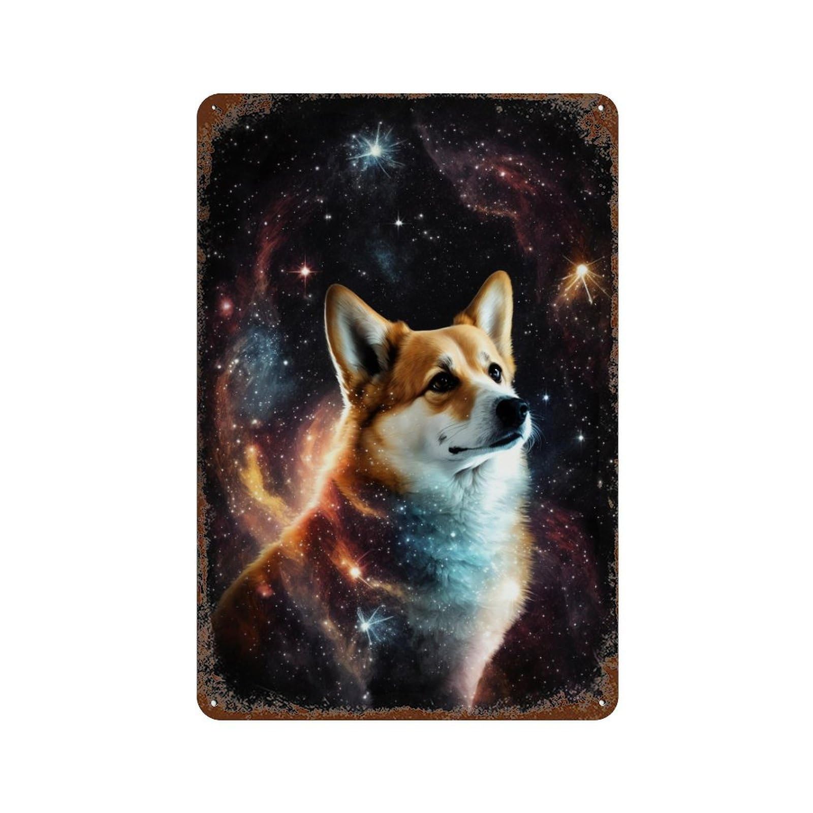 Cosmic Corgi Canvas Print-4 Rust Effect Tin Sign 11.8"x7.9", Retro Wall Decor for Pub, Kitchen And Man Cave Decor