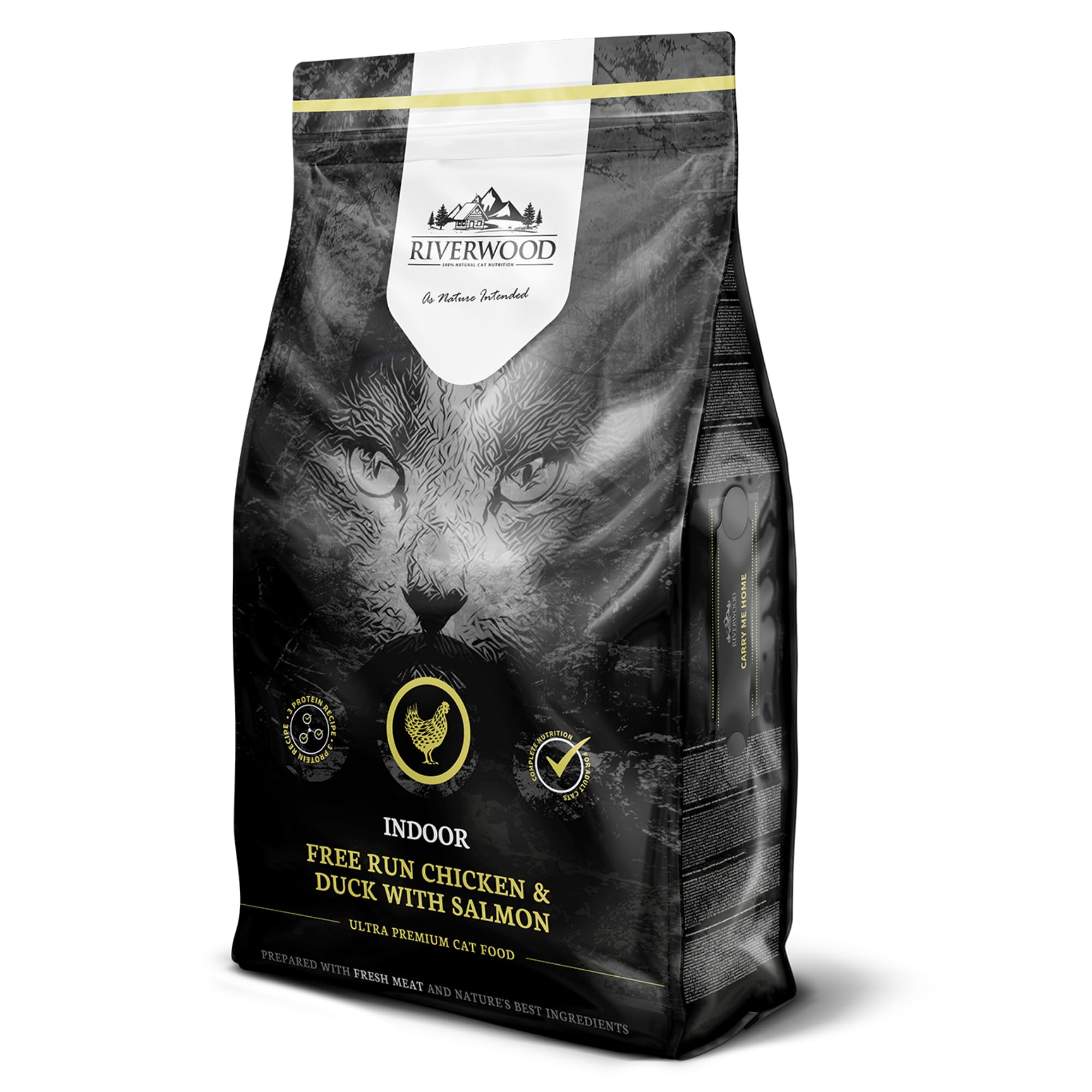 Riverwood Indoor Katzenfutter | Huhn & Ente mit Lachs | Ultra Premium Getreidefreies Trockenfutter | Hoher Fleischanteil | für Erwachsene Hauskatzen | 6 KG