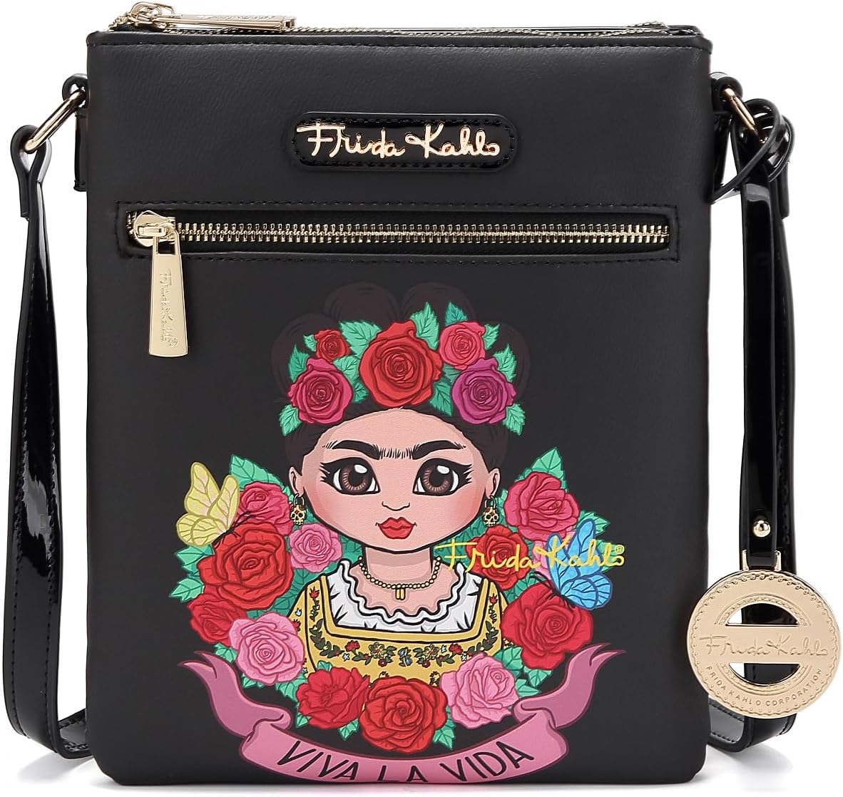 Frida Kahlo Viva La Vida Crossbody Bag, Black Floral Art Design, Multi-Compartment with Gold Hardware and Patent Leather