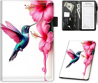 Server Books for Waitress Waiter, PU Leather Waitstaff Organizer with Zipper Pocket, Money Pocket, Guest Check Book Holder, Hummingbird Hibiscus Restaurant Serving Book