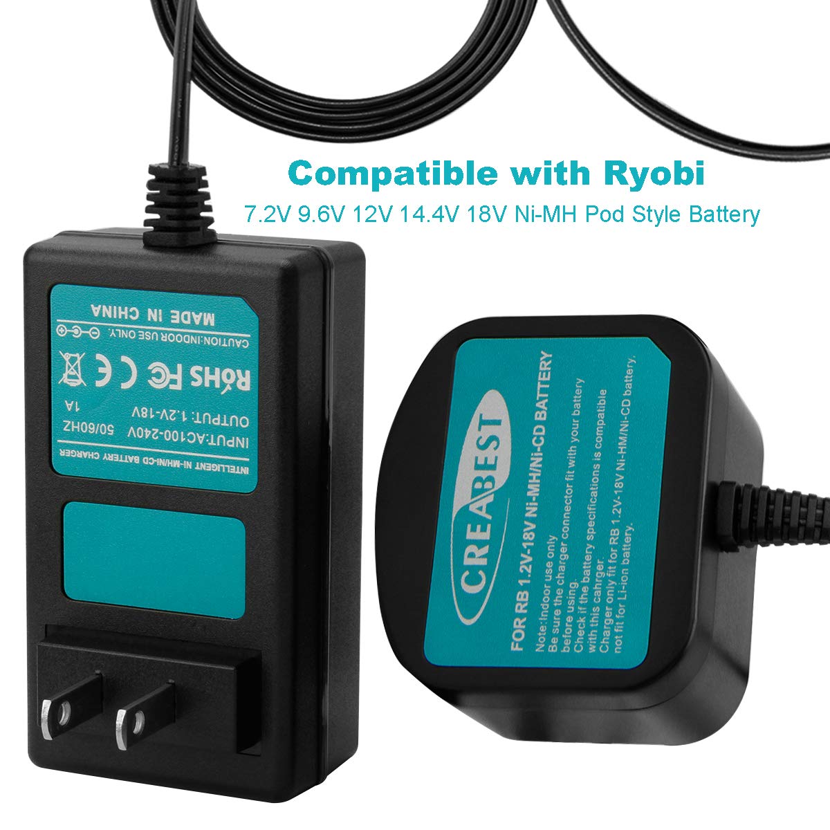 Creabest 1.2V-18V Ni-HM/Ni-CD Charger Compatible with Ryobi 7.2V 9.6V 12V 14.4V 18V Pod Style Battery (NOT for Li-ion Battery)