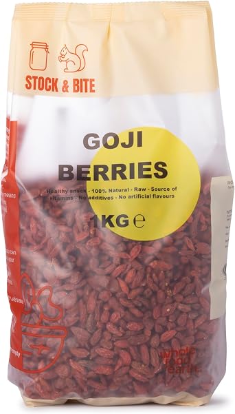 Wholefood Earth Goji Berries 1kg - Nutrient Dense Superfood | Rich in Antioxidants & Vitamins | Naturally Sweet | Vegan | No Additives | Stock & Bite