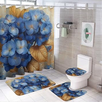 4Pcs Hydrangea Floral Shower Curtain Sets with Rugs, Toilet Lid Cover and Bath Mat, Blue Flower Plants Bathroom Shower Curtains Set with 12 Hooks