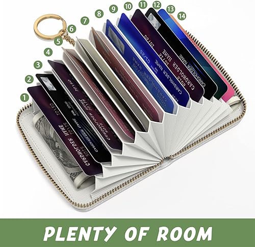 Vista 3 de Tarjetero de crédito para mujer, pequeña cartera RFID delgada de cuero organizador de tarjetas de visita con cremallera y llavero, color blanco