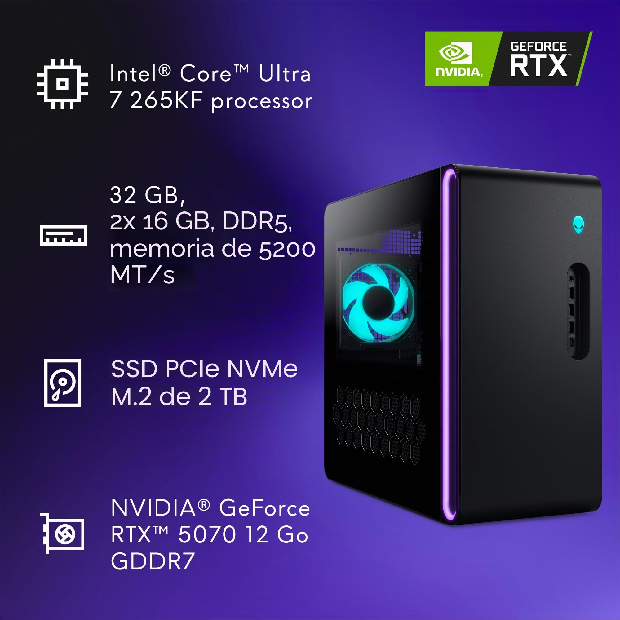 Alienware Aurora Gaming Desktop ACT1250 - Procesador Intel Core Ultra 7 de 265 KF, refrigerado por líquido, NVIDIA GeForce RTX 5070, 32 GB DDR5 RAM, 2 TB SSD, 1000 W Platinum Rated PSU, Win 11 Home
