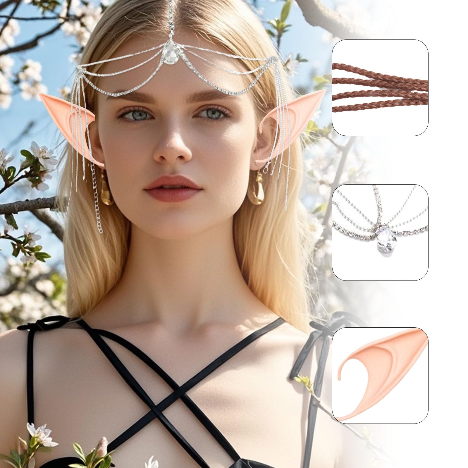 Elf Set Headpiece Forehead Jewellery Hairpiece Braided Hair Scrunchie Elastic Hair Bands Elf Ears Long Short Angel Ears Cosplay Halloween Carnival - Image 3