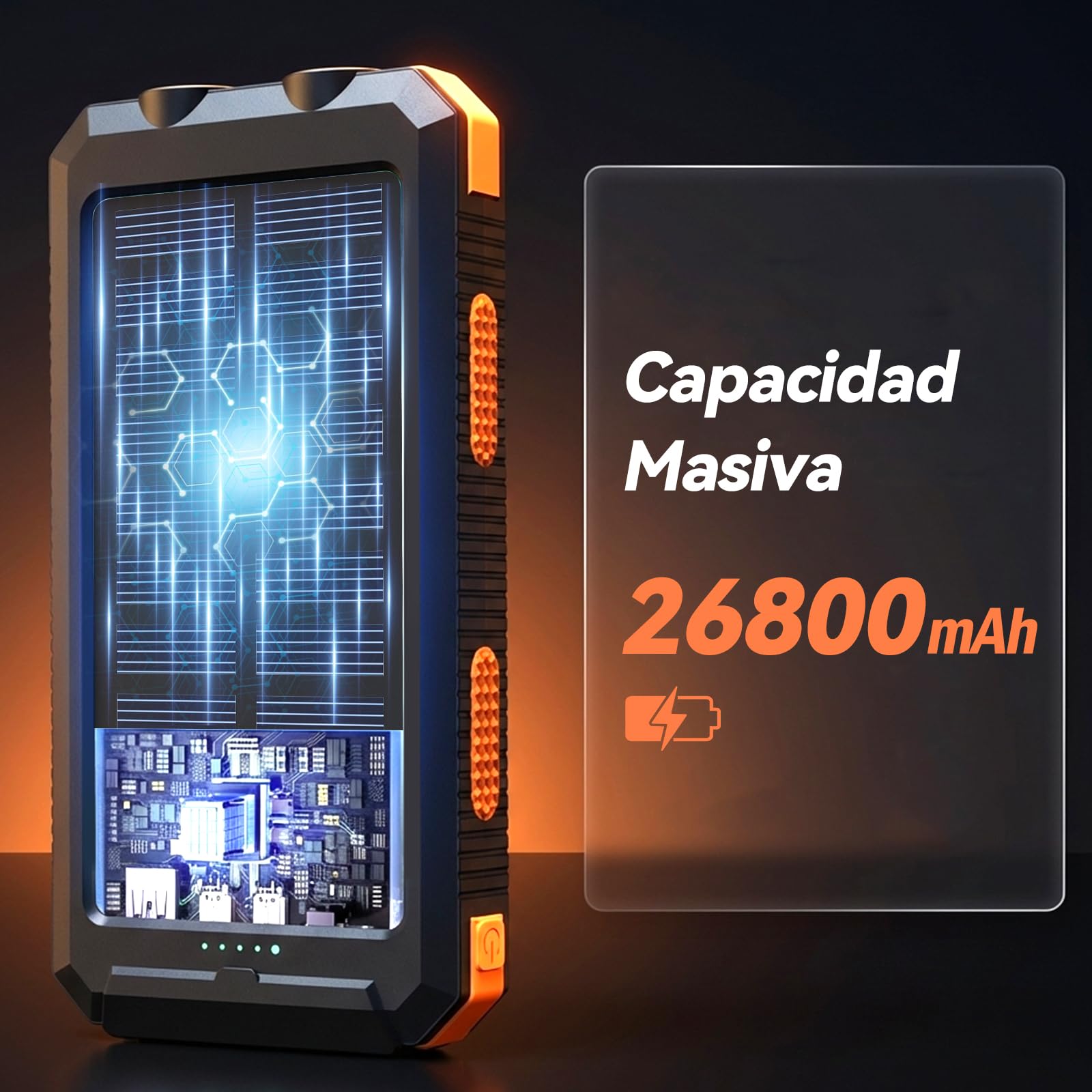Vikeri Cargador Solar de 26800 mAh, Power Bank Solar Impermeable, Puerto USB-C de Carga Rápida, 4 Salidas, Compatible con Smartphones, Tablets, etc. (Naranja)