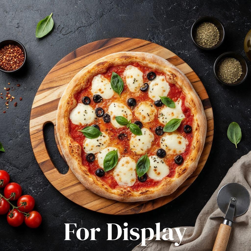 Teak Wood Round Cutting Board 12" x 12" x 0.6" Thin Edge Grain for Kitchen Prep, Cheese, Fruit, Serving - Lightweight Solid Wood Platter w/Hanging Hole, Non-Toxic by New M Way