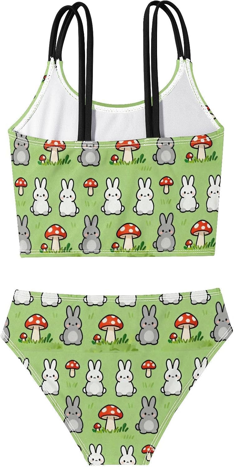 visesunny Girls Two Piece Swimsuits Black White Rabbit Mushroom Girl's Bikini Sets Bathing Suits for Girls Size 5-12Y