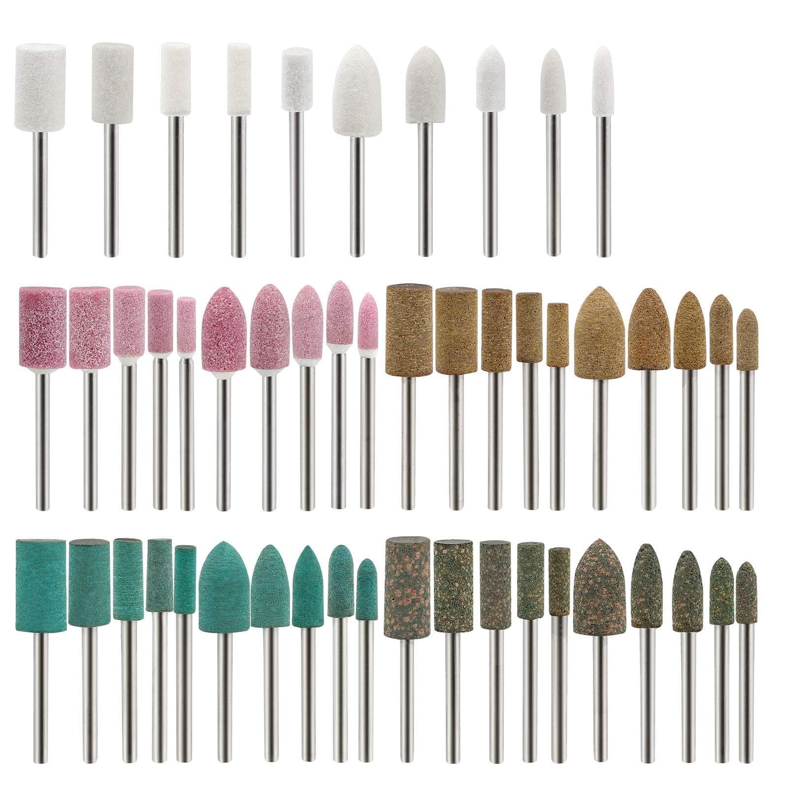 50 pezzi di lucidatura punte montati rettifica lucidatura mole, lana/sesamo/gomma/strumenti di macinazione della pelle bovina accessori per utensili rotanti set gambo 3mm