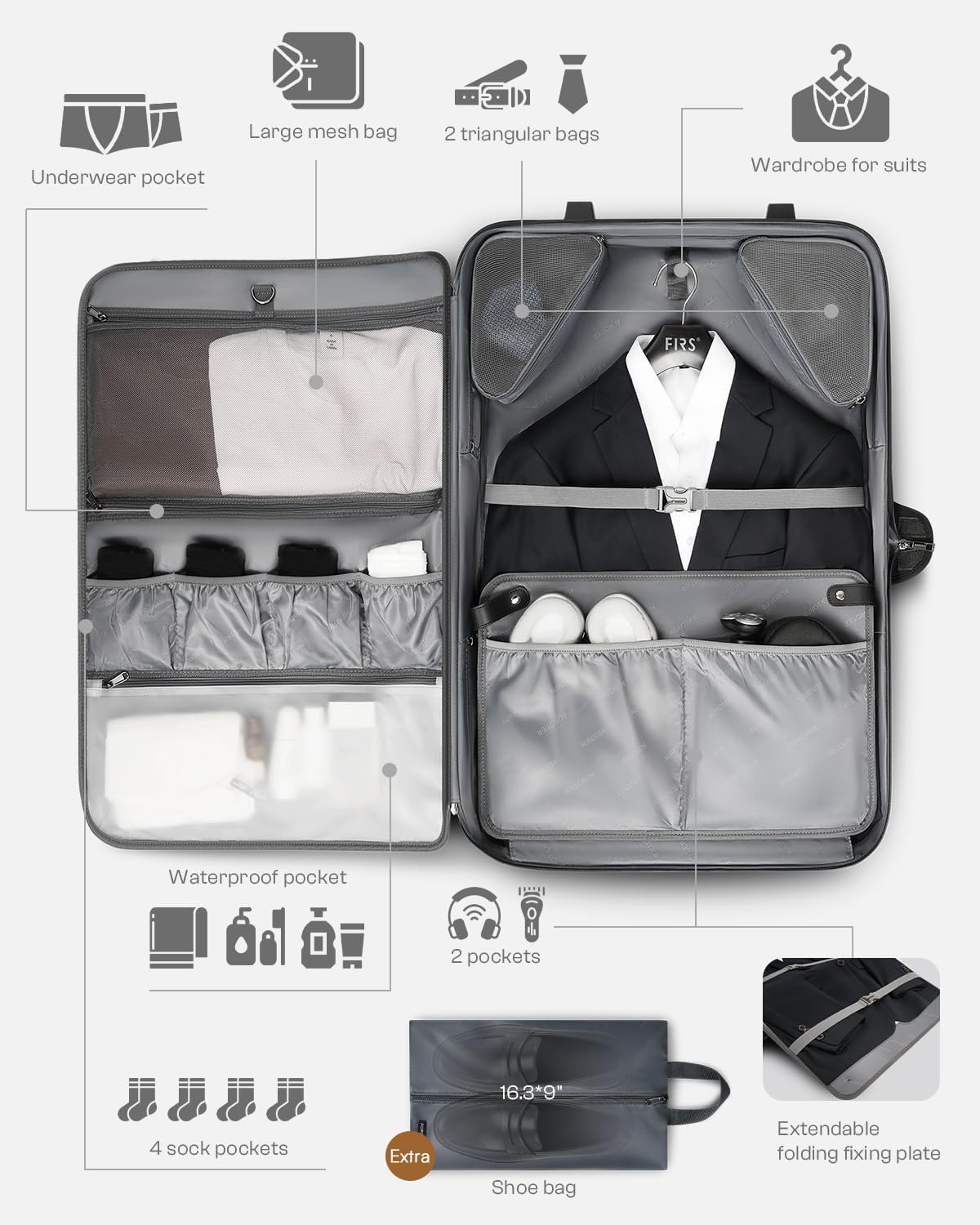 AUROTIER Rolling Garment Bags for Travel, Built-in Hanging Feature, Wheeled Business Suitcase with 17 Inch Laptop Compartment, Lockable Carry on Luggage for Men and Women with Wheels, Black