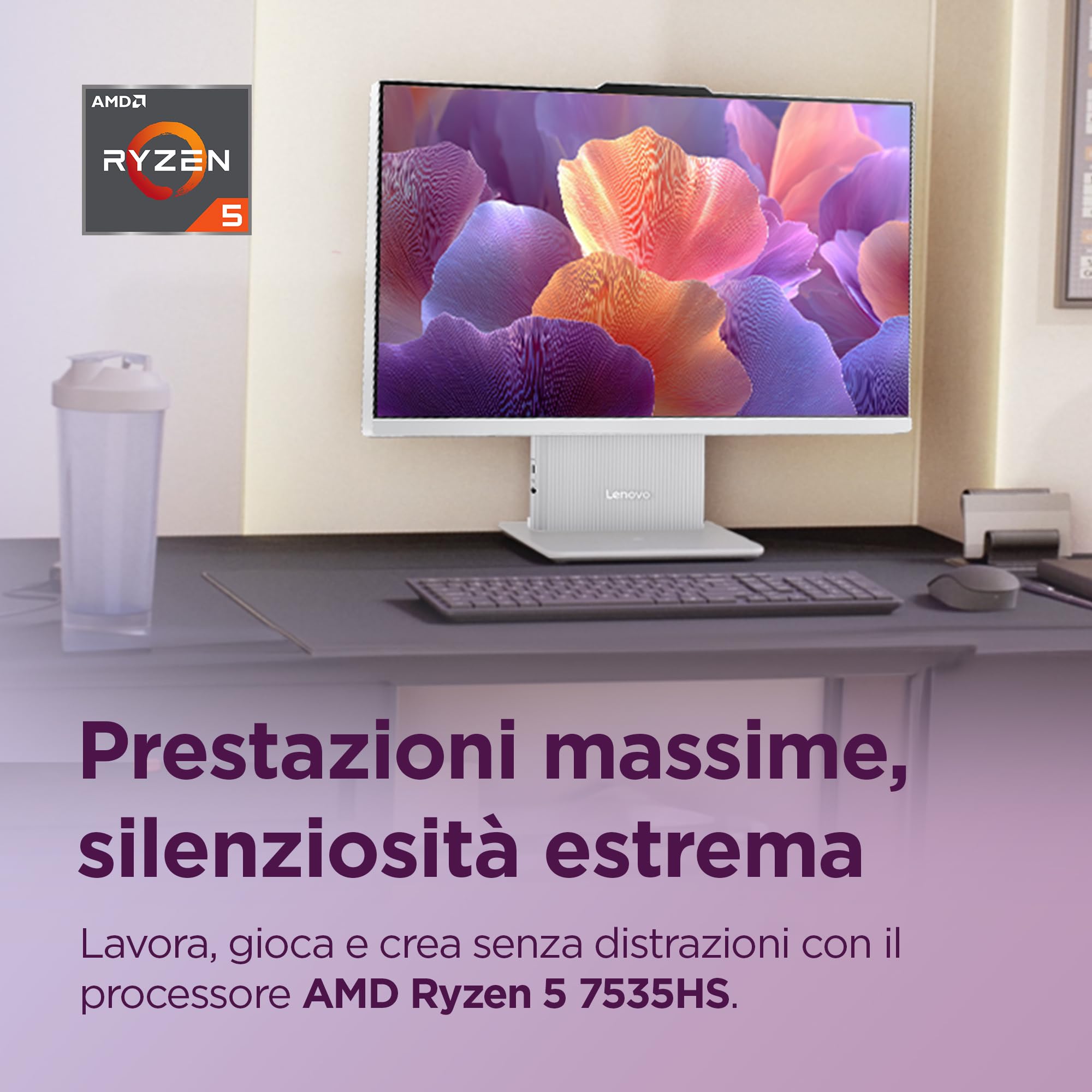 Lenovo IdeaCentre Computer desktop All-In-One, Display 27" FHD, AMD Ryzen 5 7535HS, 512GB SSD, RAM 16GB, Speakers, WiFi 6, Windows 11 H, Tastiera + Mouse Wireless