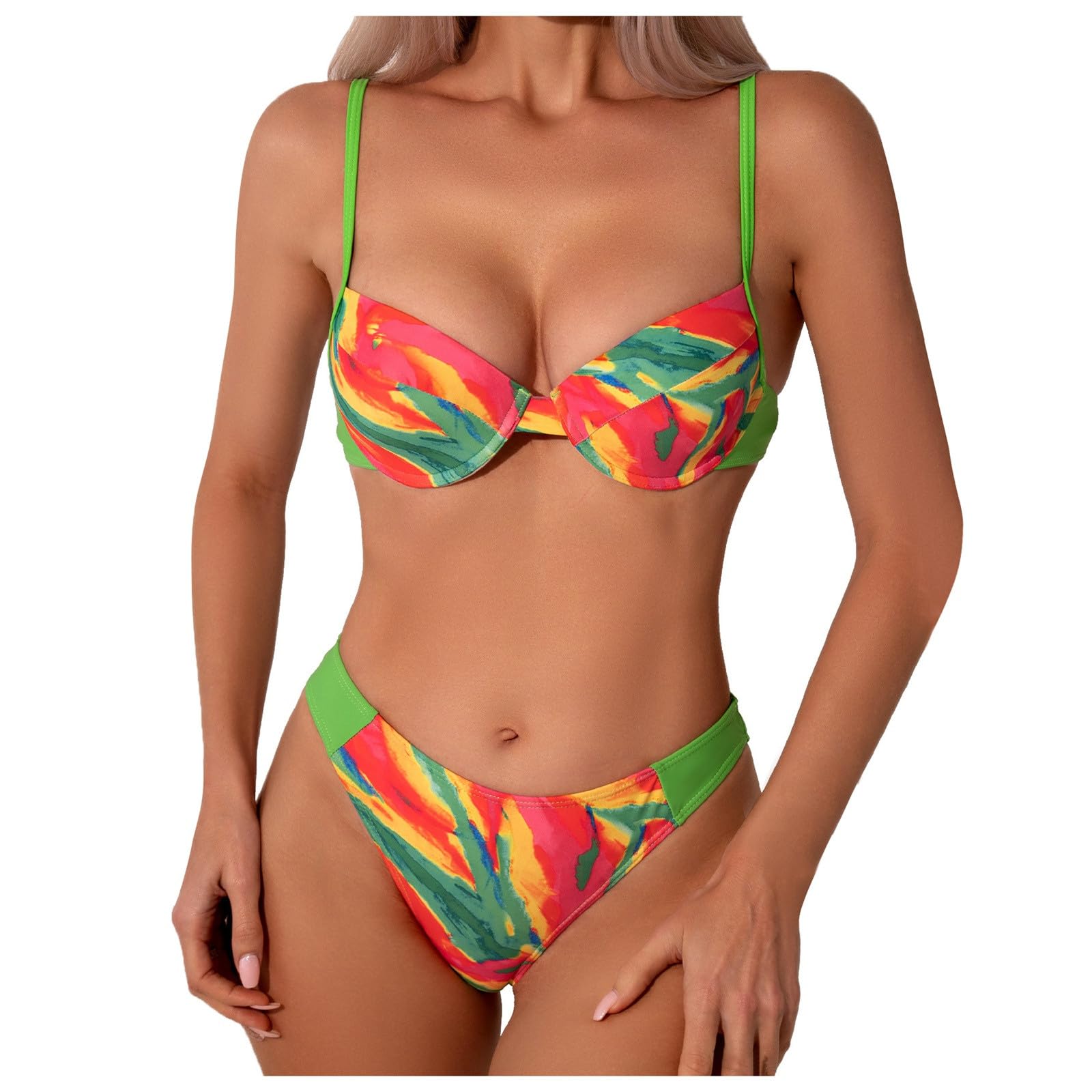 Generic 2024 Conjunto de bikini para mujer con acolchado de moda para mujer con copas con aros acolchado extraíble para el abdomen, camiseta para mujer