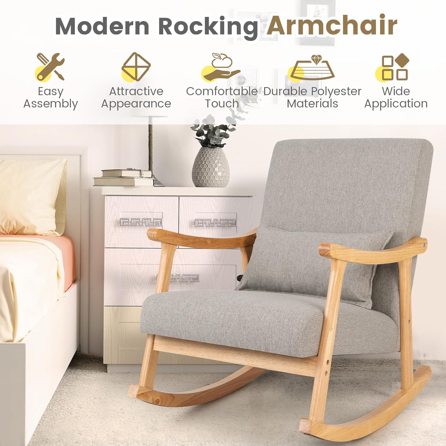 Upholstered Rocking Chair, Modern Glider Rocker with Lumbar Pillow & Rubber Wood Legs, Wooden Recliner Rocking Accent Armchair Chair for Living Room, Bedroom, Nursery (2, Grey)