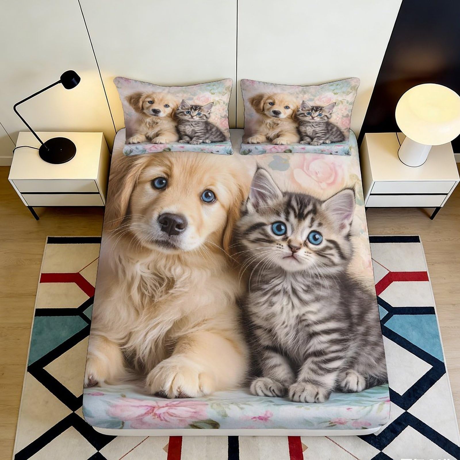 3D Printed Cute Kitten Puppy Fitted Sheet Microfiber Soft Animal Mattress Cover for Bedroom Guestroom Dorm Decor 90x200x25cm