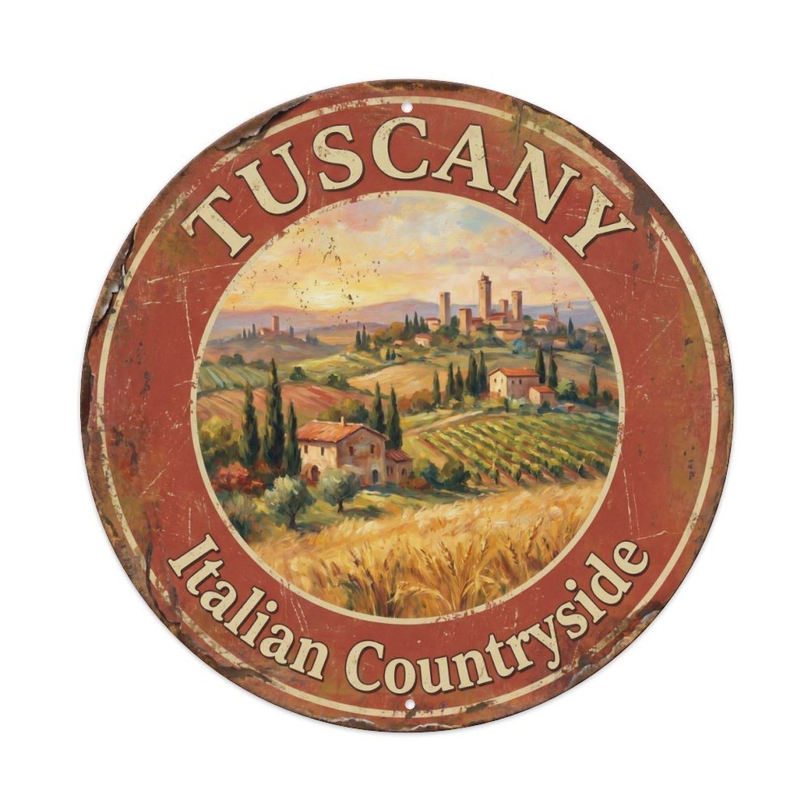 Vintage Travel Countryside Panorama Italy Metal Tin Sign Plaque Wall Decor for Cafe, Club, Garden Round Metal Poster 8x8Inch
