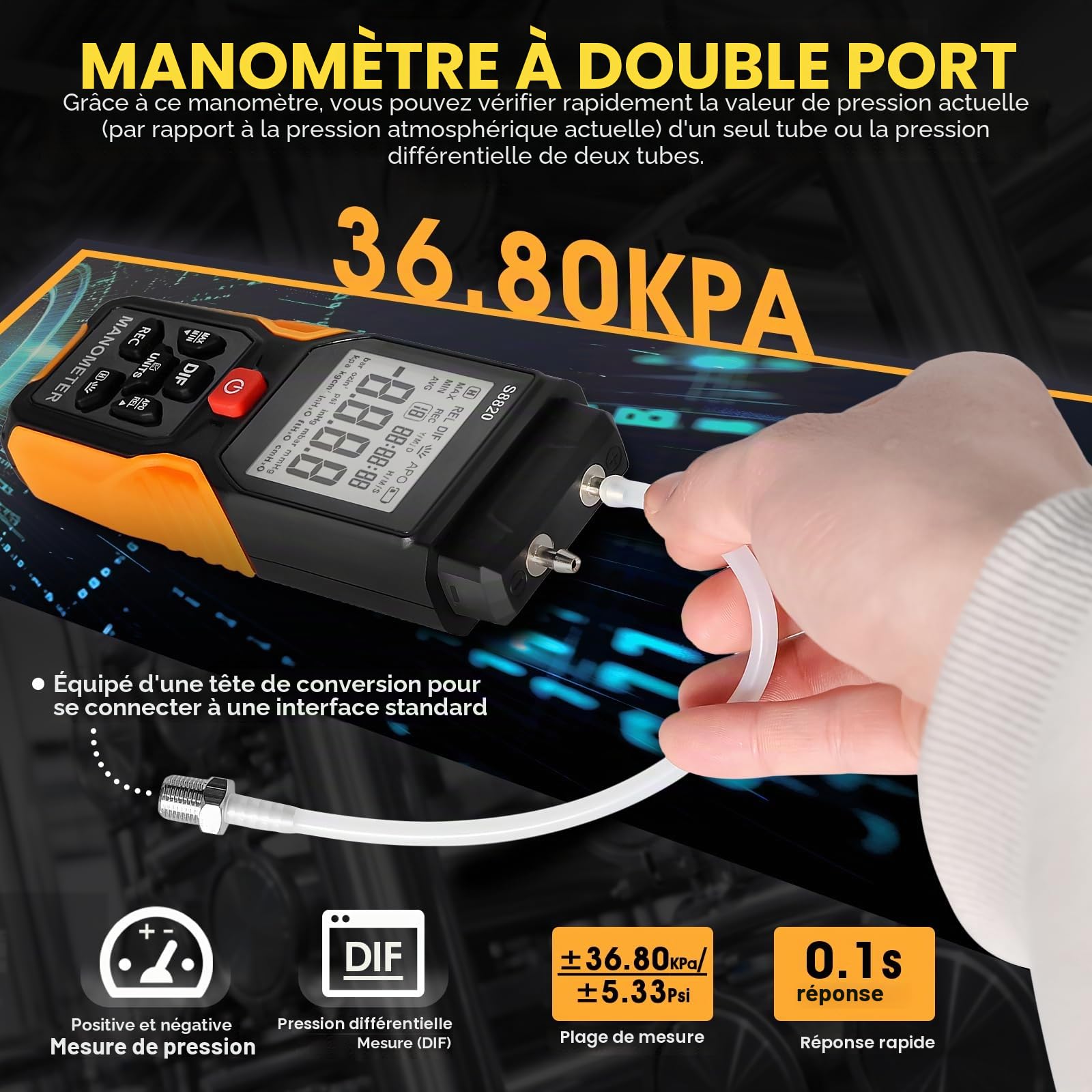 Manomètre Testeur de Pression de gaz ± 36,80 KPa d'air 12 unités sélectionnables, jauge de pression différentielle, Manomètre Différentiel HVAC Dual Port avec fonction d'enregistrement de données