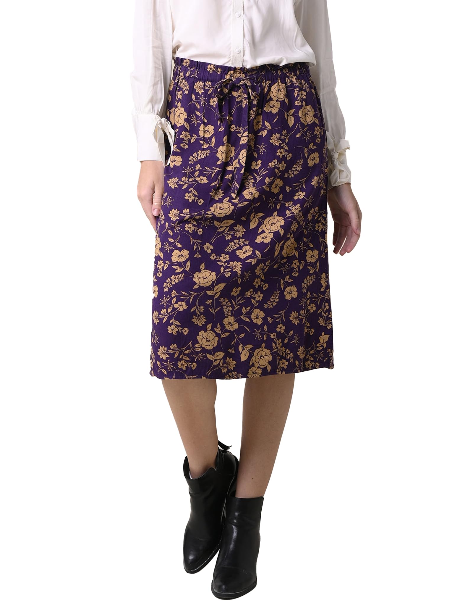 – Womens Floral Print Midi Skirt with Elasticated Waist, Adjustable Drawcord, Soft Viscose Fabric, Flower Pattern Ladies Skirt for Office, Casual Wear, Spring Summer Clothing