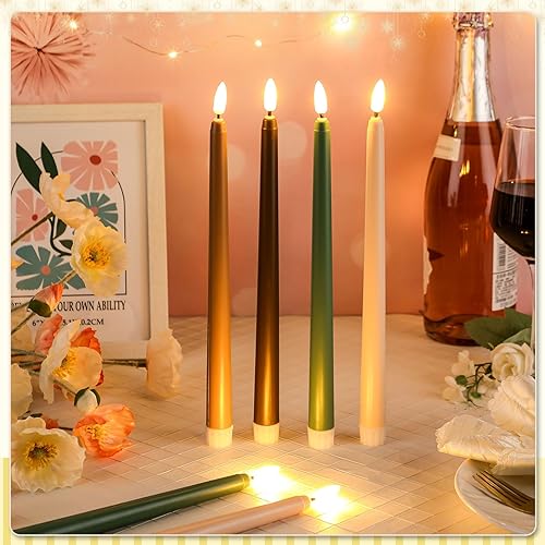 Miniatura 4 de Baquler 24 velas cónicas de Navidad sin llama de 11 pulgadas, funciona con pilas, velas LED de plástico parpadeante verde y marrón para Navidad,