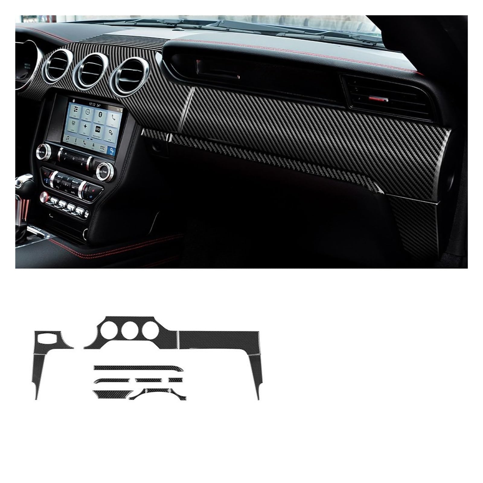 for Mustang 2015 2016 2017 2018 2019 2020 2021 2022 Carbon Fiber Car Dashboard Panel Interior Trim Sticker RHD LHD Car Trim Interior(3 Holes LHD)