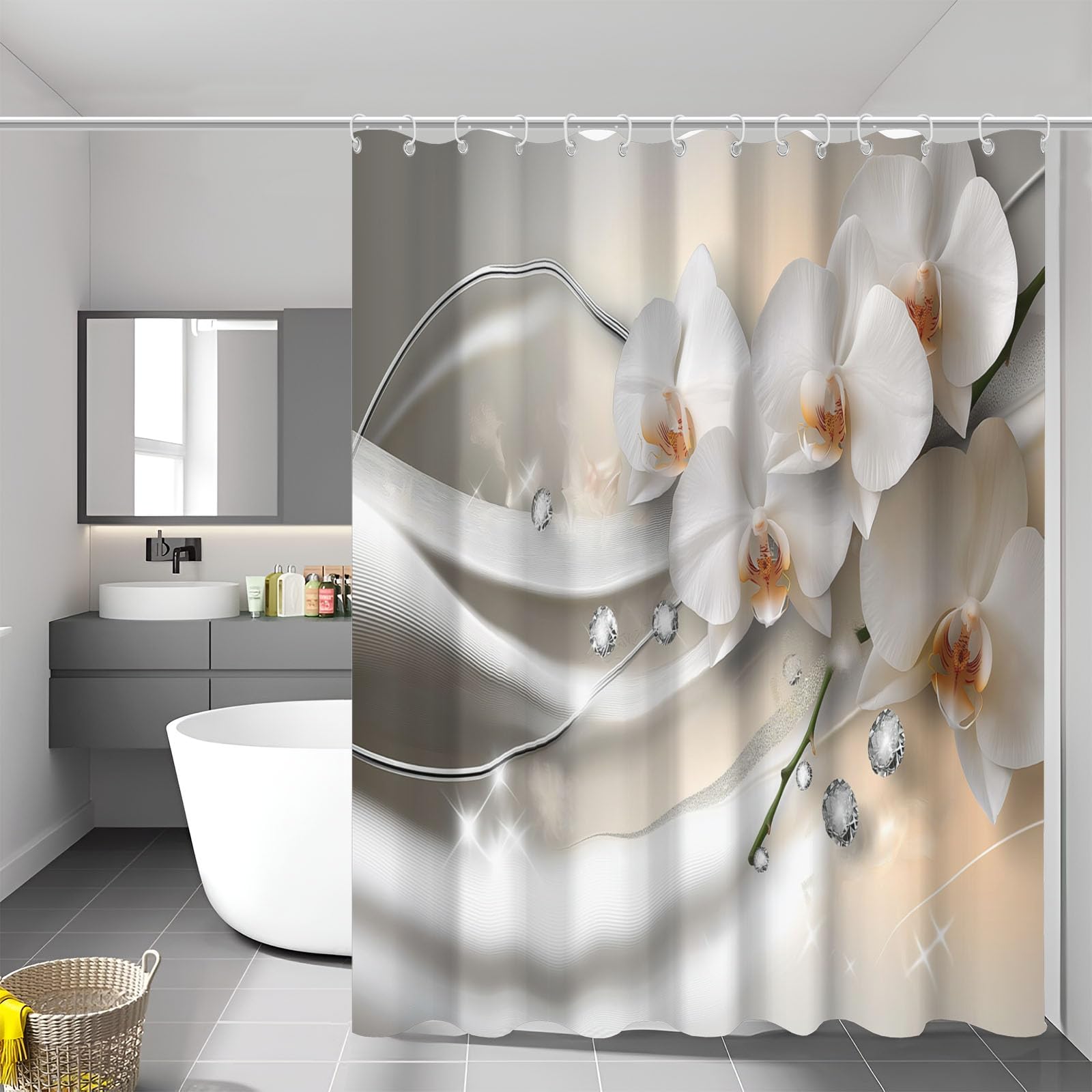 Rideau de douche imperméable lavable en machine avec motif diamant orchidée
