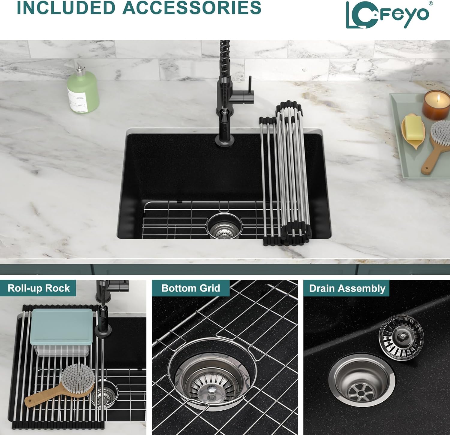 24x18 Inch Undermount Laundry Sink, Black Granite Composite Quartz Sink, 12 Inch Deep Single Bowl Utility Sink, Non-Porous, Scratch Resistant, Easy to Clean, Modern Sink for Laundry Room
