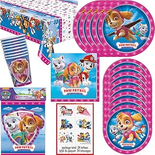 Skye Pink Girl Paw Patrol Birthday Party Supplies for 16 - Includes: Plates Cake Plates, Table Cover, Napkins, Cups, Tattoos Loot Bags and 2 Zucca Hair Snaps | Pink Girl Paw Patrol Party Supplies Skye