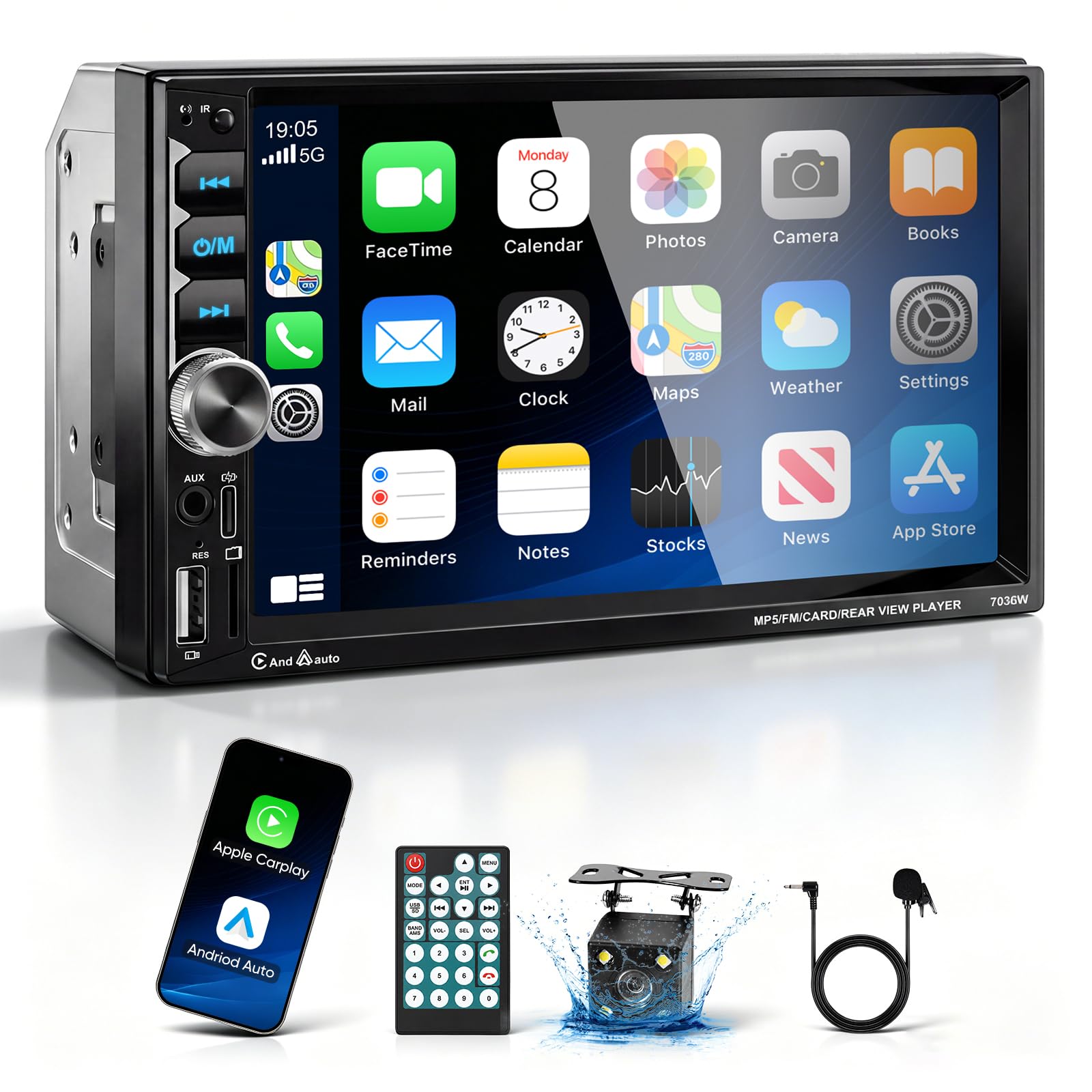 Double Din Car Stereo Wireless CarPlay Android Auto 7" HD Touch