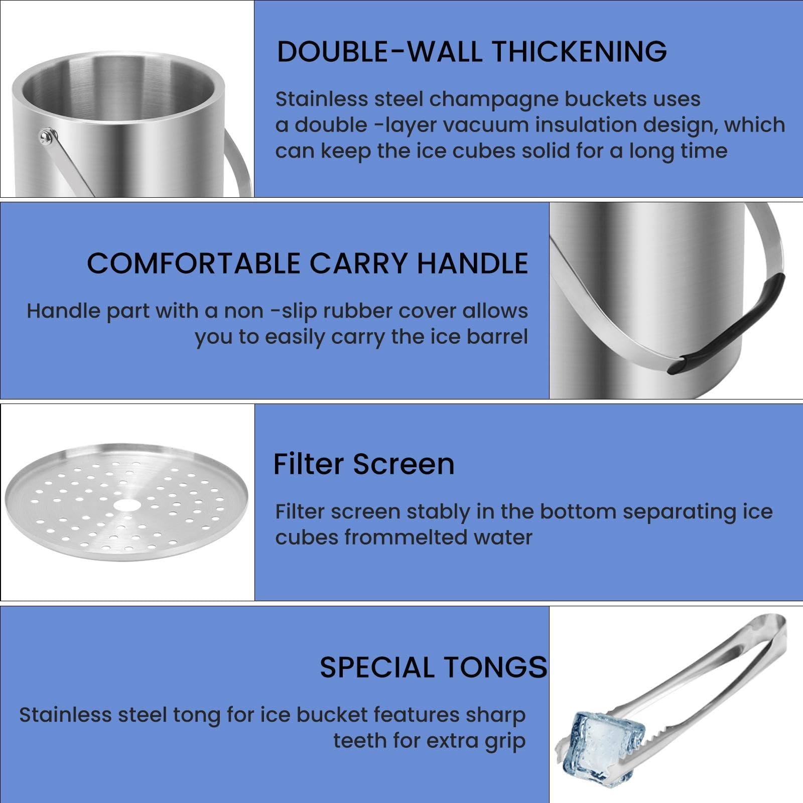 Cubitera de hielo de 4 litros con tapa y pinzas, cubo de hielo aislado de doble pared con colador de cuchara, cubos de hielo grandes de acero inoxidable para fiestas, hogar, bares, pubs