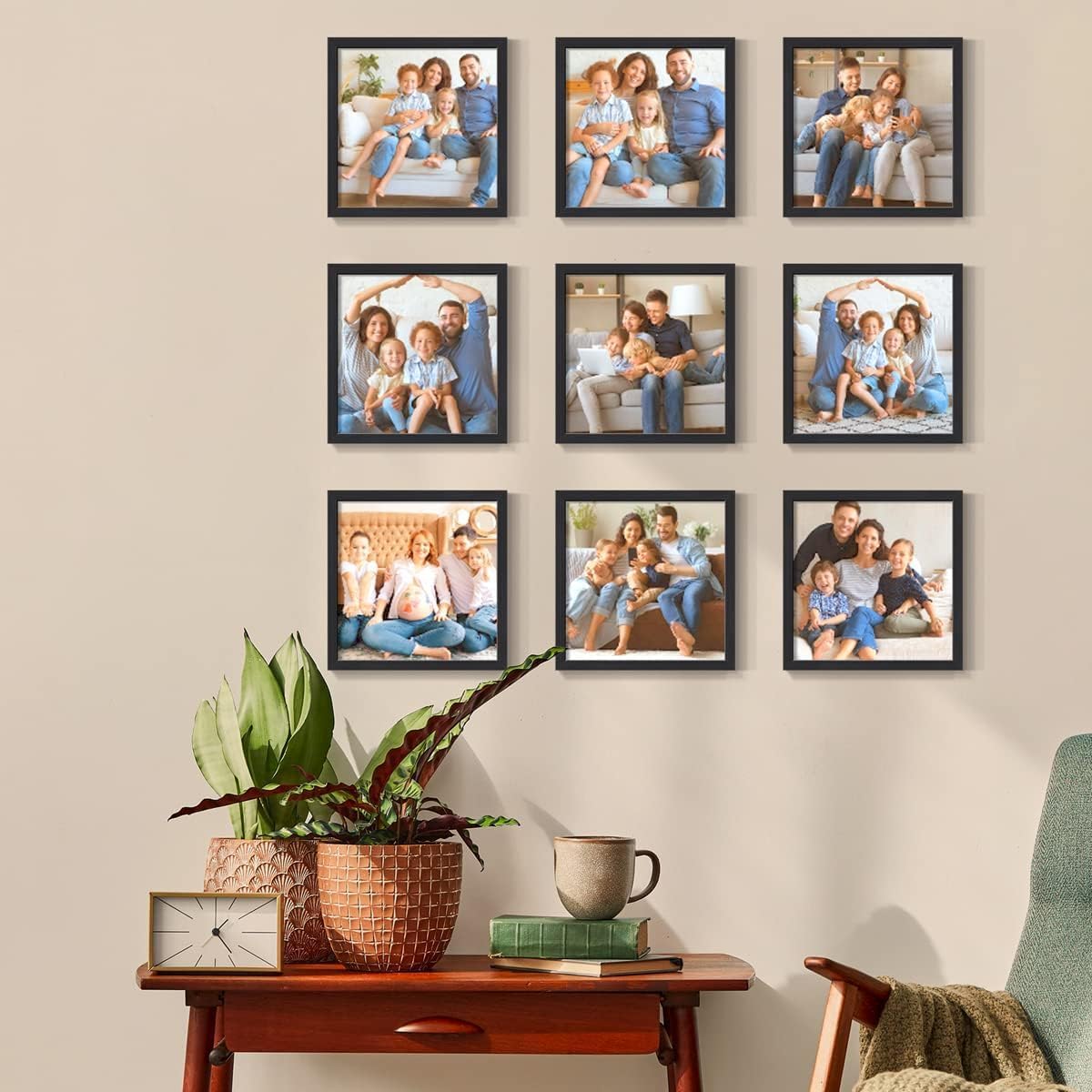 Renditions Gallery Set of 9, 8x8 Custom Photo Prints with Real Wood Picture Frames. Create Personalized Photos with Peel & Stick Photo Frames. Black Frame
