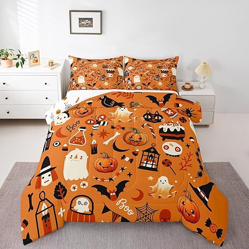 Erosebridal Juego de edredón de Halloween, juego de ropa de cama de calabaza para niños, lindo relleno de edredón de castillo fantasma, edredón de
