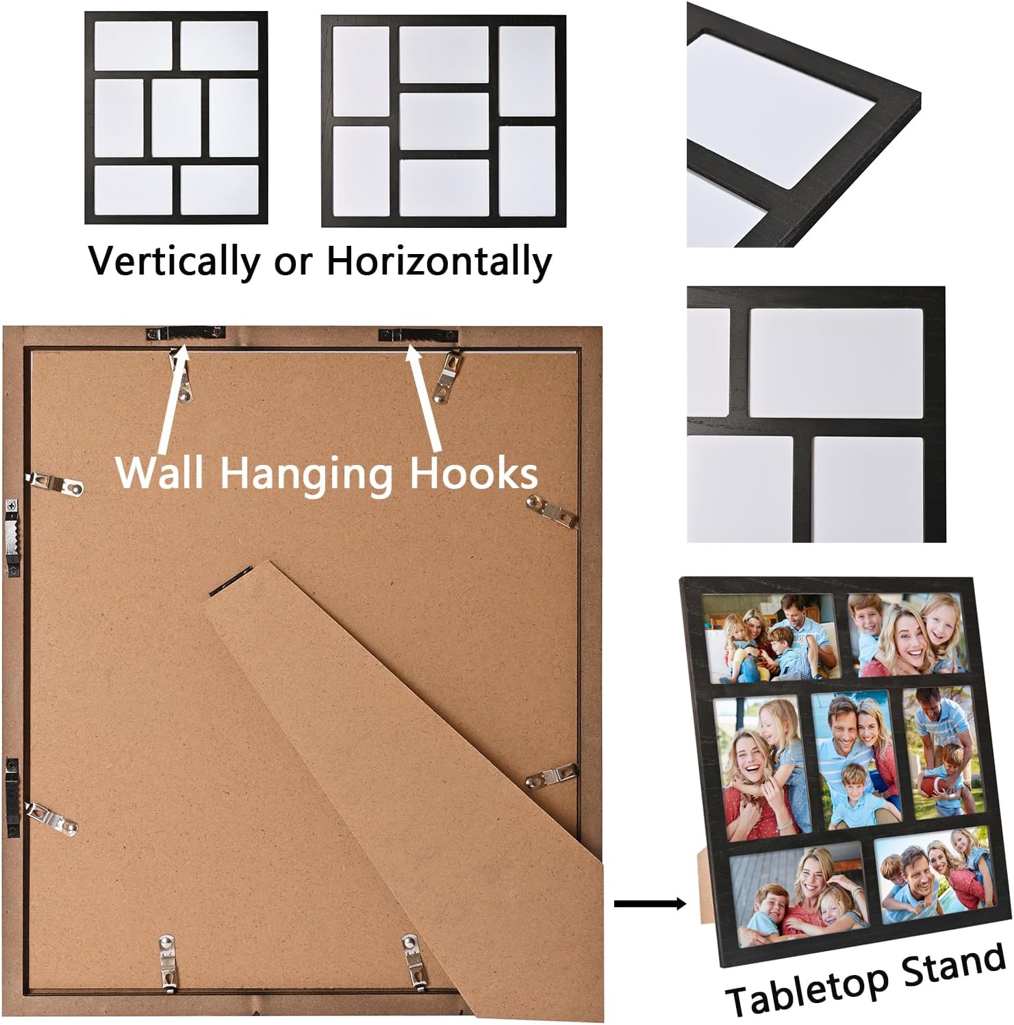 Donmills 7 Openings Photo Collage for Wall Decor, 4x6 Picture Frame Collage for Wall Mounting or Tabletop, Wooden Multiple Photo Frame Display 4x6 Pictures for Desk, Office, Living Room, Black