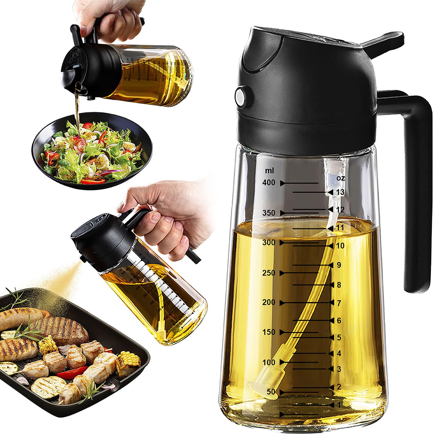 trendplain 16oz470ml glass olive oil sprayer for cooking  2 in 1 olive oil dispenser bottle for kitchen gadgets and air fryer accessories salad bbq - black
