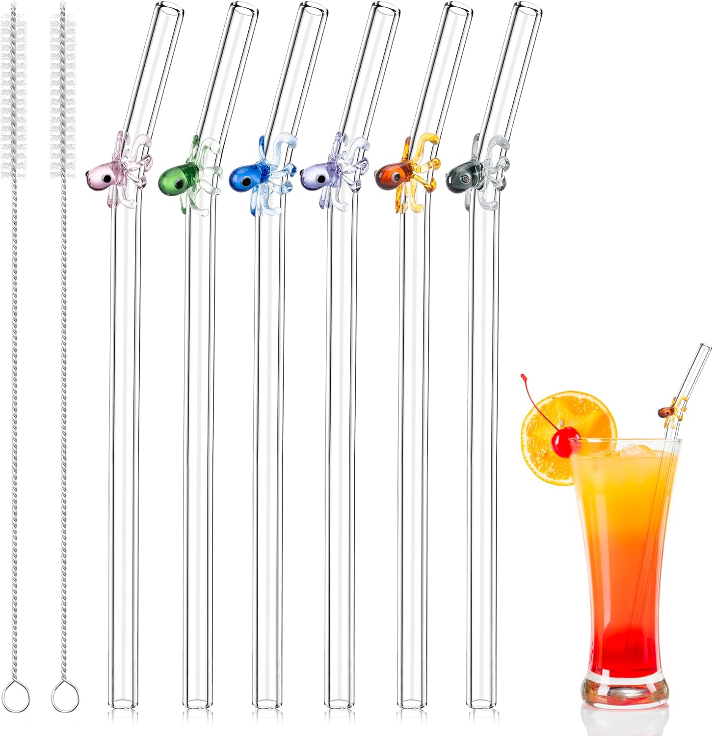 Borosilicate Glass Straws Shatter-Resistant With Charms, 7.6-Inch Bent Drinking Straws with Colorful and Cute Octopus,Designs for Cocktails, Includes 2 Cleaning Brush (6 pcs Octopus)