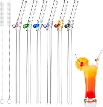 Borosilicate Glass Straws Shatter-Resistant With Charms, 7.6-Inch Bent Drinking Straws with Colorful and Cute Octopus,Designs for Cocktails, Includes 2 Cleaning Brush 6 pcs Octopus