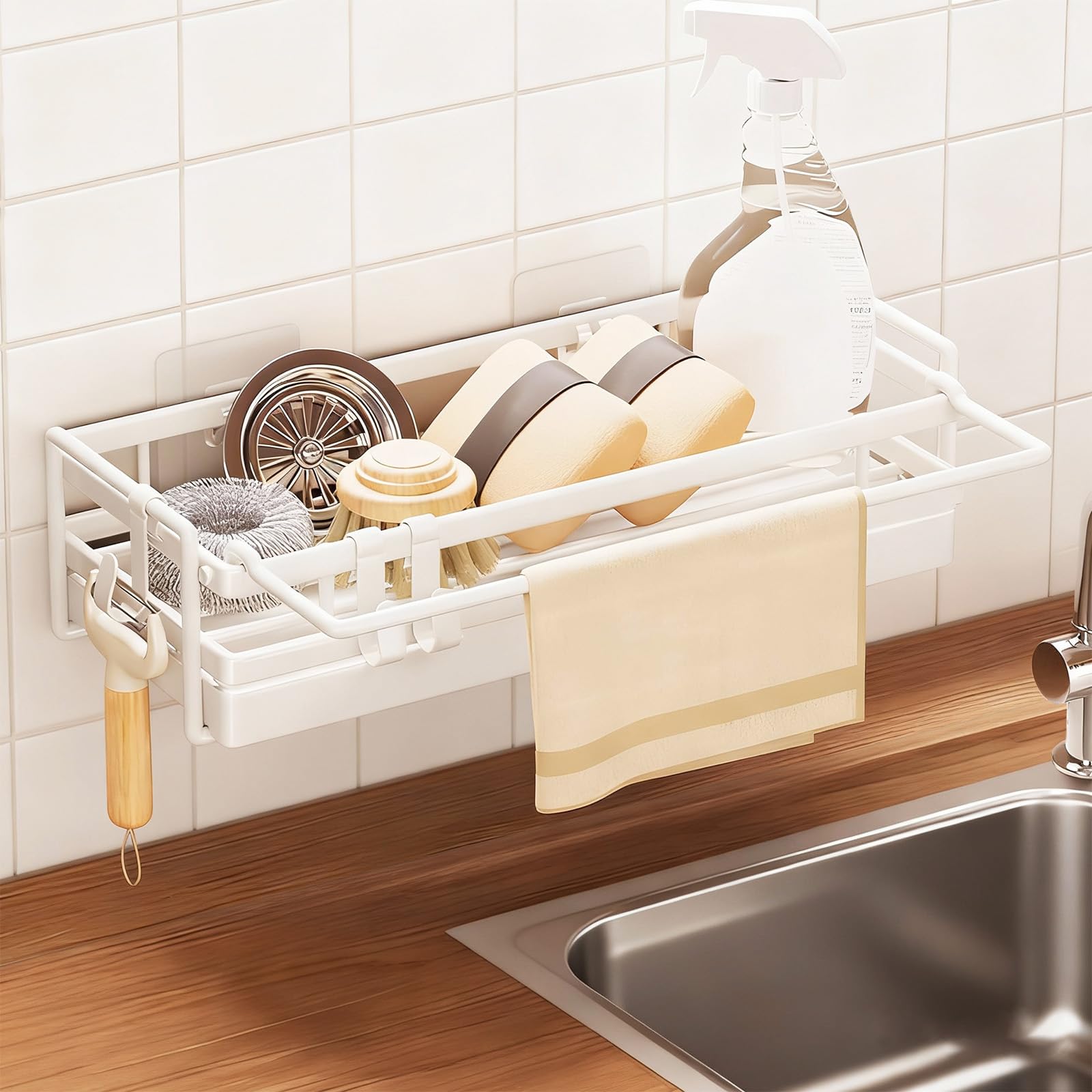 Sink Organiser,Wall Mounted Kitchen Sink Caddy,Kitchen Organiser with Removable Drip Tray and Hooks,Hanging Sink Shelf Made of Carbon Steel,Washing Up Liquid and Kitchen Utensils without Drilling