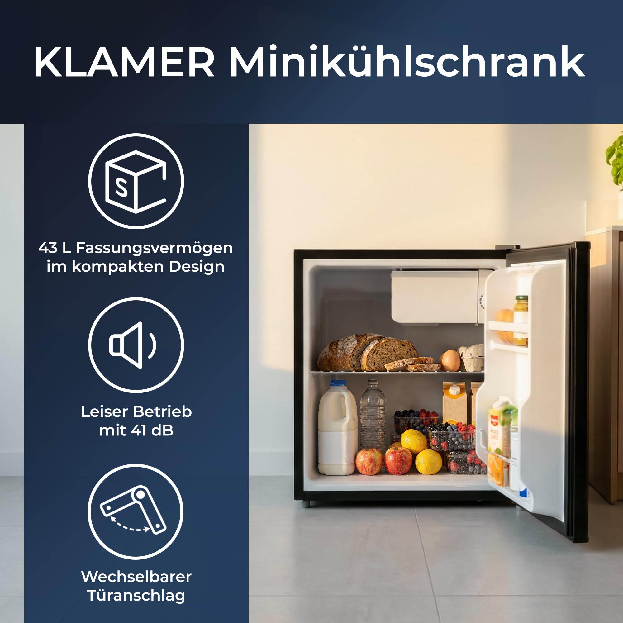 KLAMER Mini Kühlschrank 43 L, Kleiner Kühlschrank Schwarz, 6 Kühstufen, Kompressor, Schnellkühlfach, Herausnehmbares Gitter, Minibar, Kühlschrank Klein