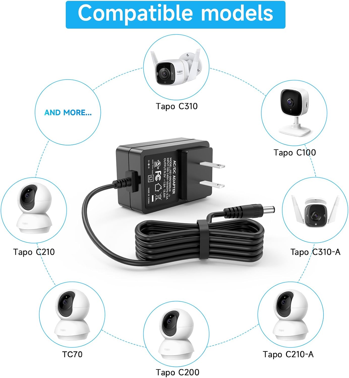 9V Power Supply Compatible with TP-Link Tapo Camera C100 C200 C210 C310 C320WS TC60 TC70 CCTV Smart Security Camera AC/DC Adapter Cord T090060-2B1 Replacement Charger