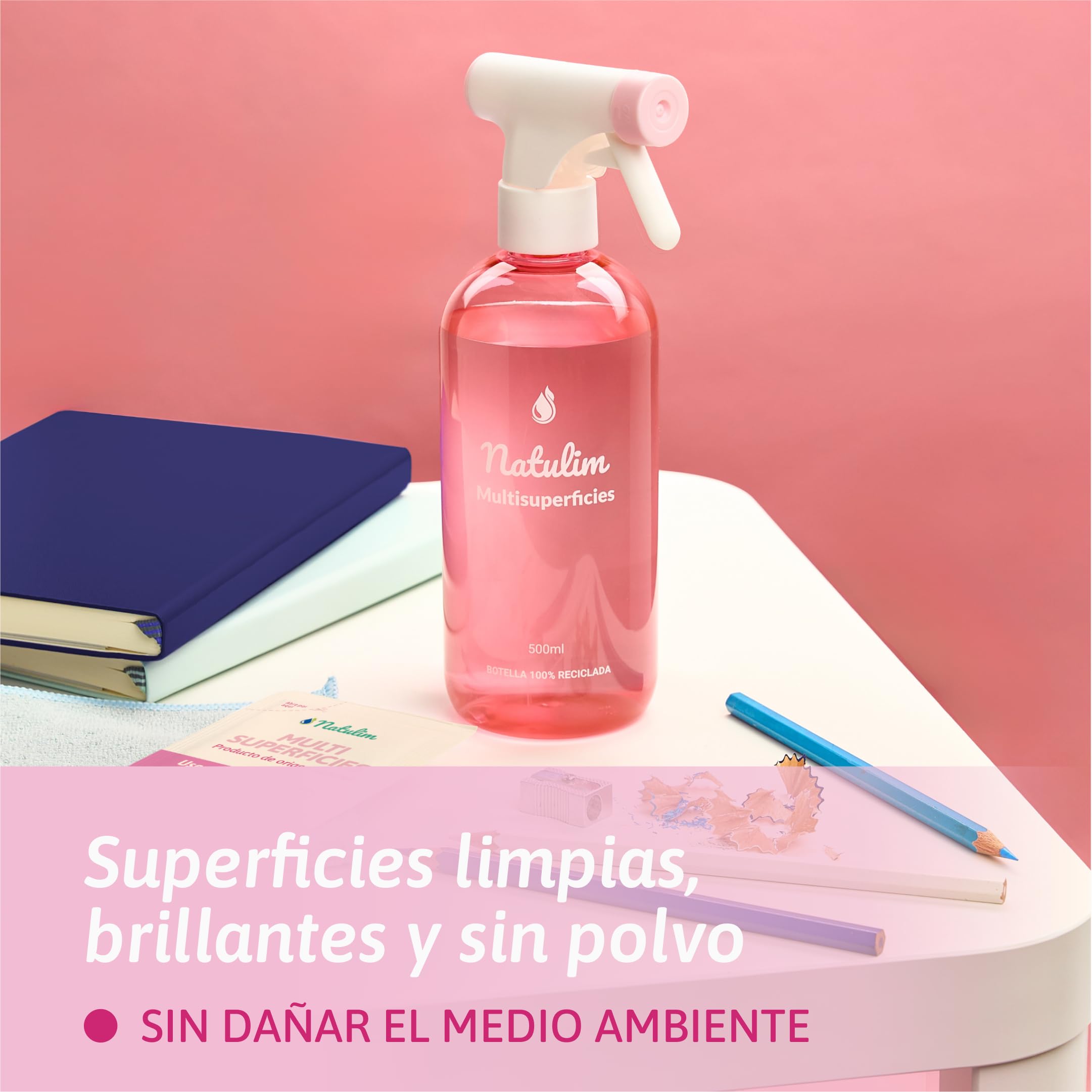 Natulim Pack Limpiador Multisuperficies - Superficies Impecables sin Esfuerzo - Apto para Todo Tipo de Superficies - Set Pulverizador Recargable 500 ml + 2 Sobres de Recarga (1 Sobre = 500 ml).