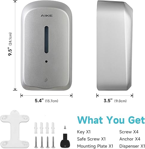 Miniatura 6 de AIKE Dispensador automático de jabón líquido de montaje en pared de 33.8 oz con construcción ABS comercial, modelo AK1226S (plata)