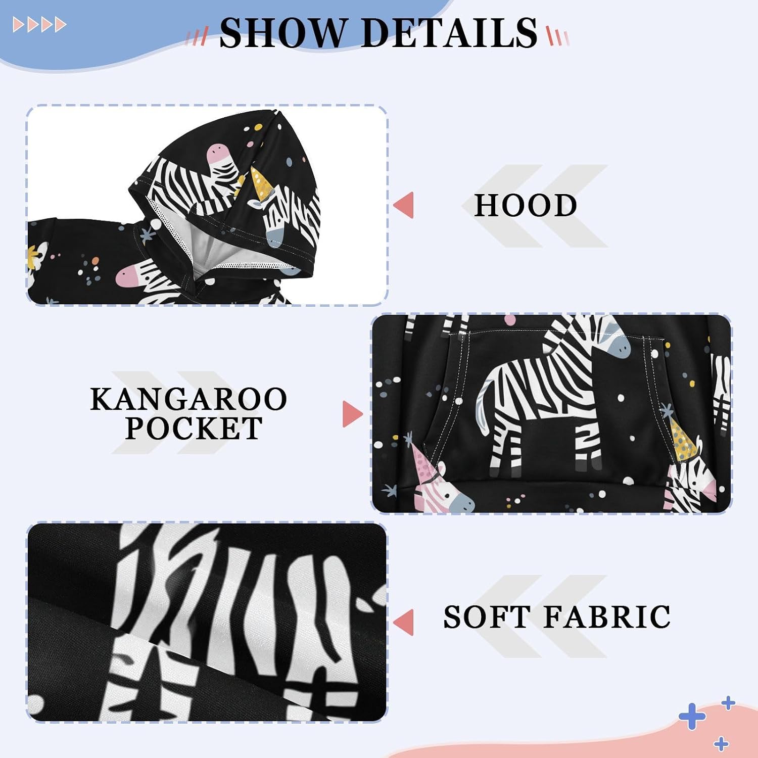 ZZXXB Birthday Party Zebra Kids Sweatshirts Boys Girls Hooded Kangaroo Pocket Pullover Tops XS-XXL