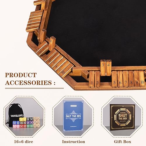 Miniatura 4 de VAMSLOVE Juego de dados para 2 a 8 jugadores mejorados, juego de mesa de madera de 8 vías con 16+6 dados, juego de cierre de caja para adultos,