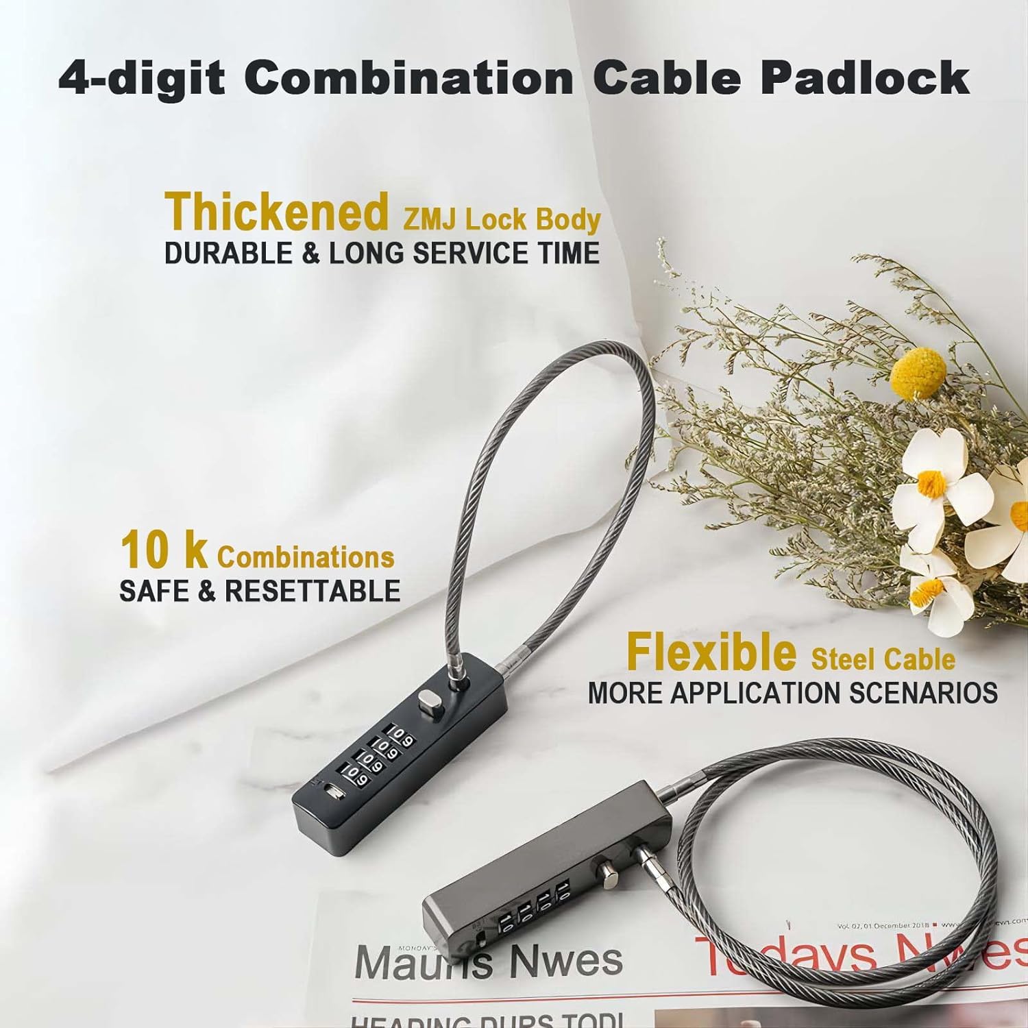 Candados de cable con combinación, 4 dígitos, 23-3/5 pulgadas, capacidad de 60 kg, cable de bloqueo flexible antiarañazos para puertas de vallas, bicicletas, armarios, taquillas y varias