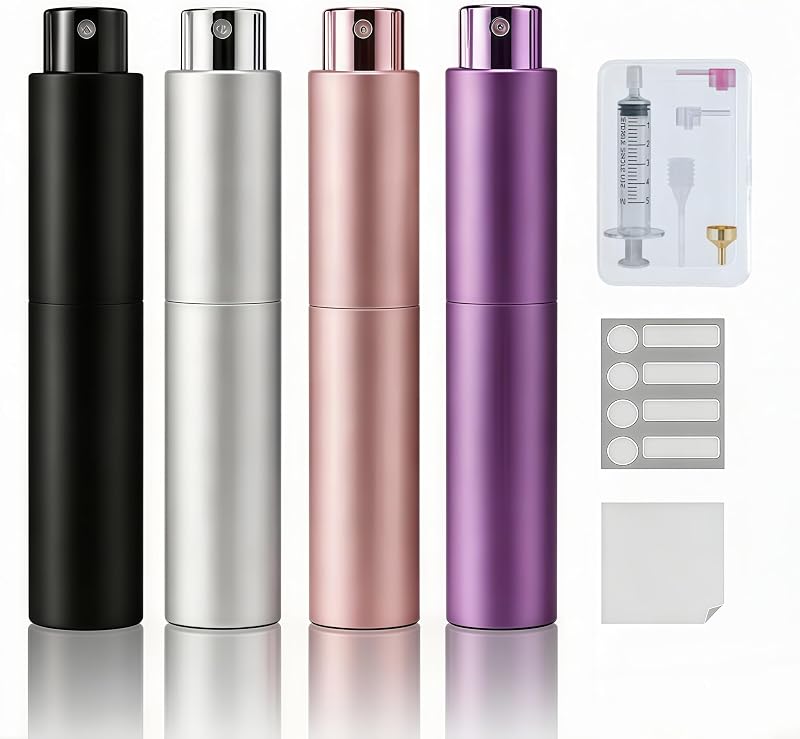 Frascos atomizadores recarregáveis para perfume YELDFEERO, 10 mL, conjunto com 4, preto, prata, rosa e roxo