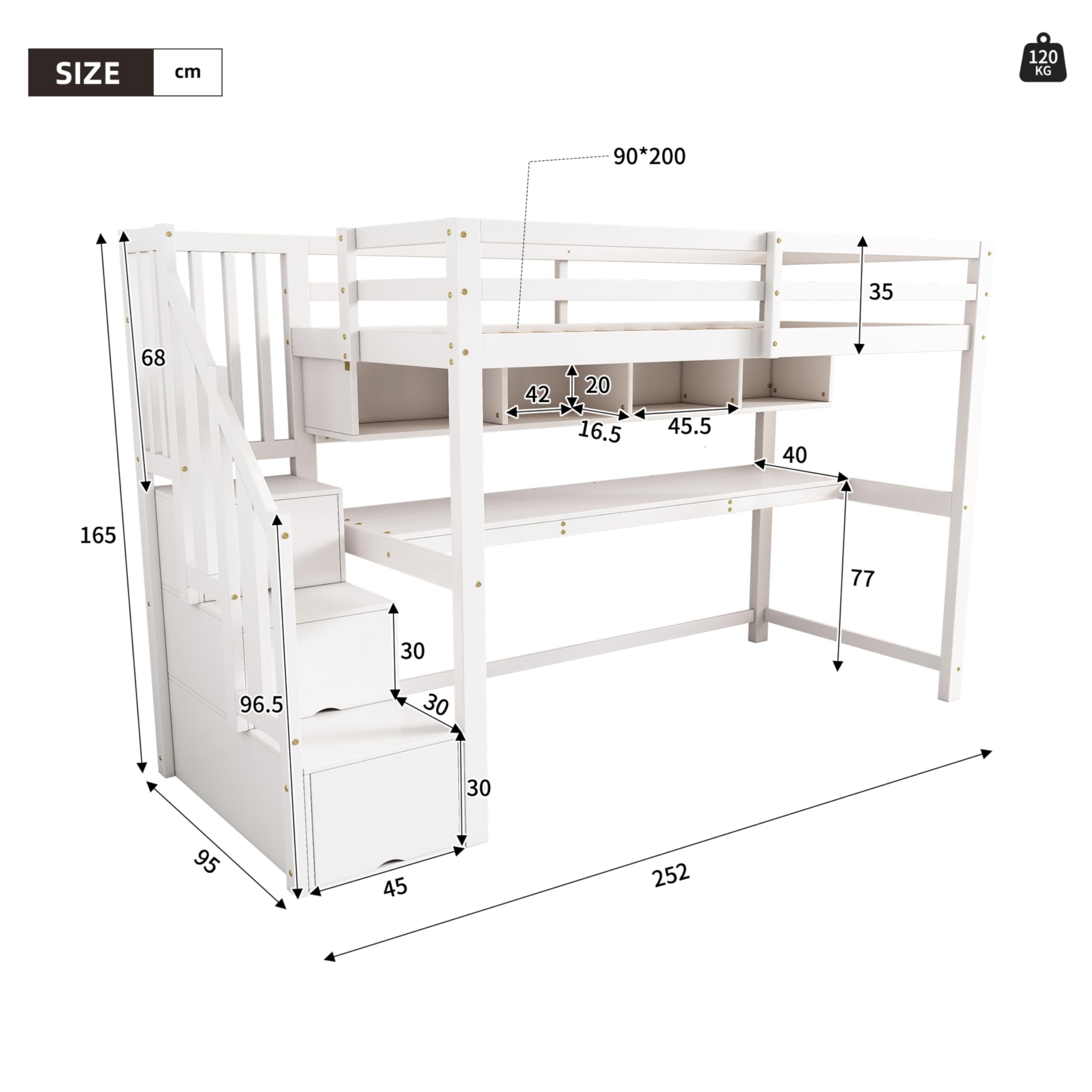 Sapgaks Lit superposé Enfant 90 x 200 avec Bureau et étagères,lit cabane Enfants 90 x 200,lit Mezzanine 1 Places avec Barriere,avec escalier de Rangement,Blanc