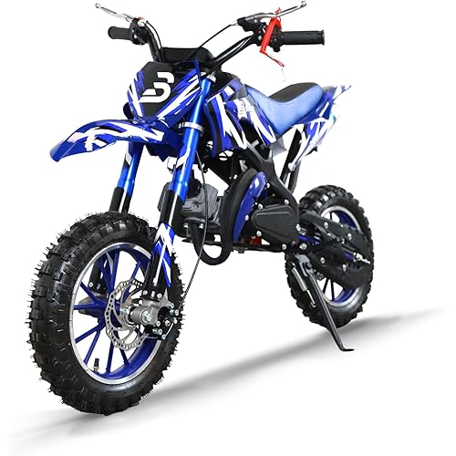 49cc Kids Dirt Bike, 2-Stroke Gas Powered Dirt Bike, Motorcycle with Off-Road Tires, Front/Rear Disc Brakes, Shock Absorption, Soft Seat Cushion, Mini Dirtbike for Kids 8-14, Bule