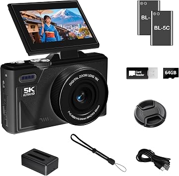 5K Digital Camera with WiFi, 75 Million Pixels, Auto Focus, 3-Inch 180  Rotating Screen, Vlog Camera, 18x Digital Zoom, Lightweight Compact Camera, Includes 64GB SD Card and 2 Lithium-Ion Batteries