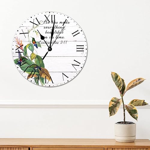 Miniatura 159 de ArogGeld He Made Everything Beautiful - Reloj de pared de PVC con flores rosadas, colibrí, reloj de pared grande con cita y números romanos, reloj